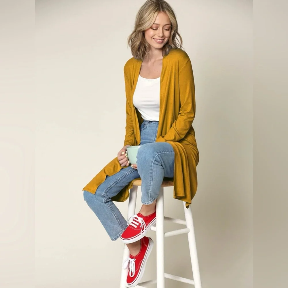 Solid Long Sleeve Open Front Long Cardigan -mustard - Picture 4 of 5